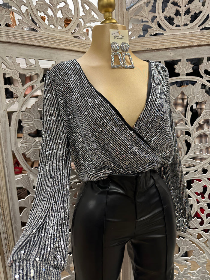 Silver and Black Wrapped Sequin Blouse