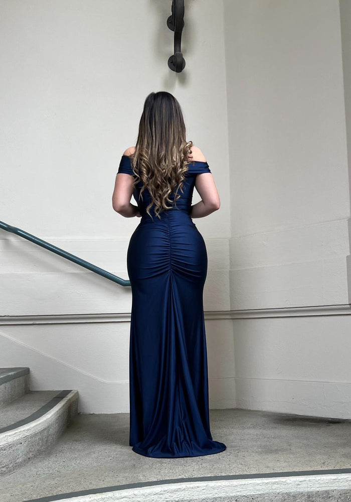 Admiral Blue Ruched Off Shoulder Gown- Stretchy, Estira