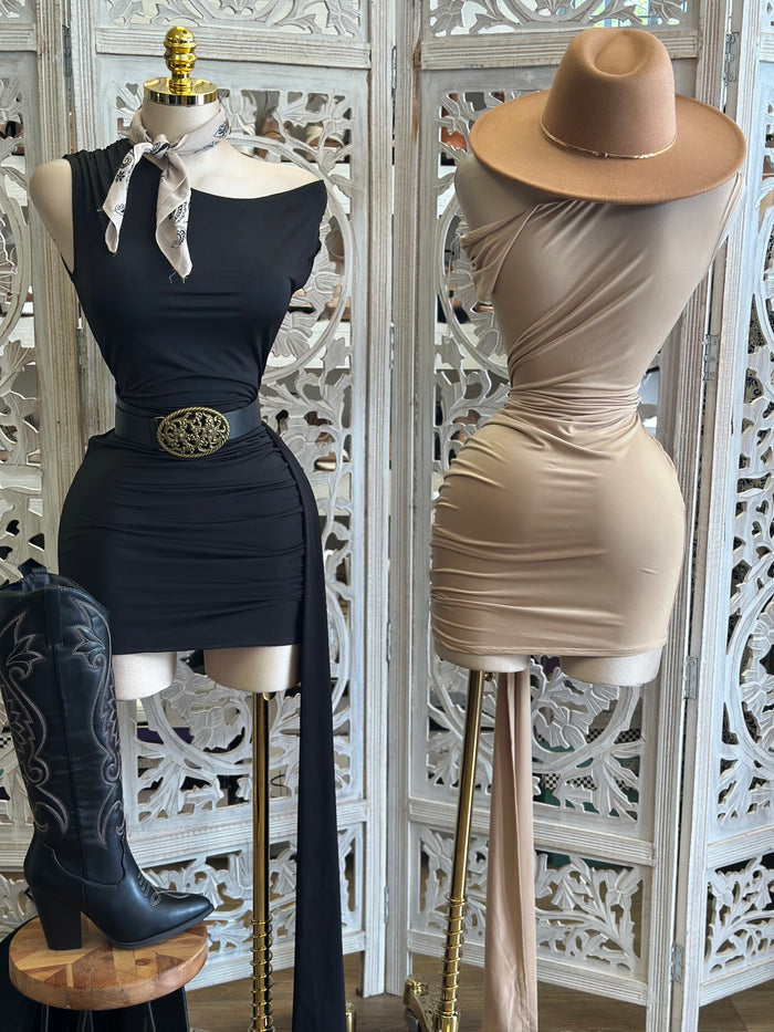 Asymmetrical Tailed Mini Dress - Estira, Stretchy