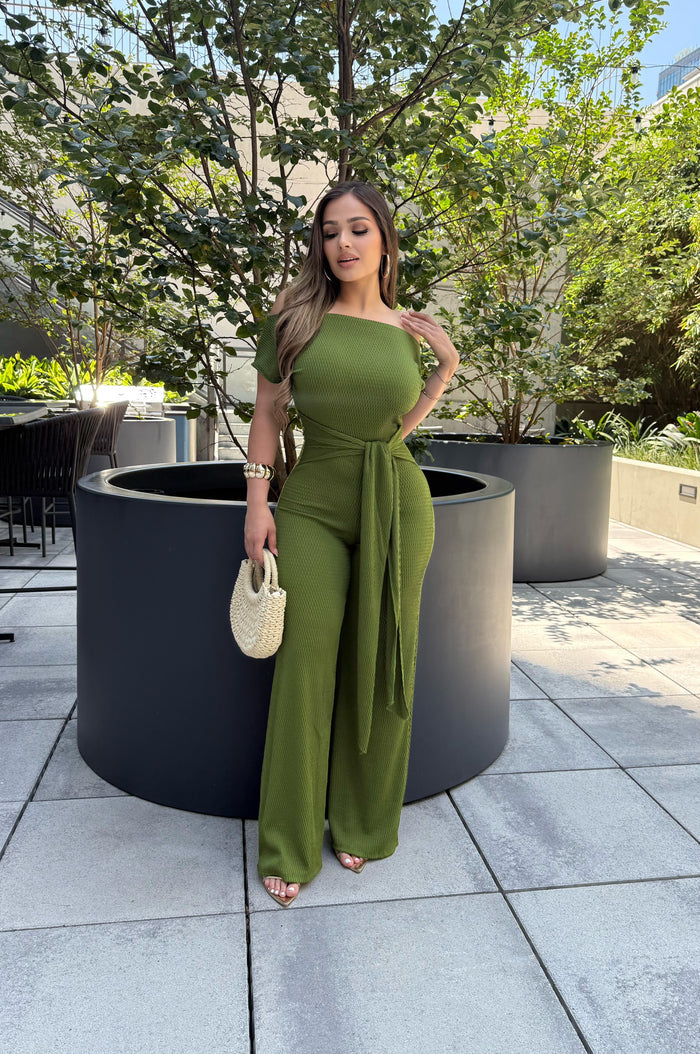 Avocado Green Ribbed Asymmetrical Jumpsuit - Stretchy,Estira