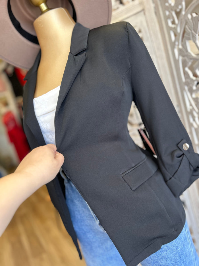 Black Button Sleeve Blazer- Slightly Stretchy