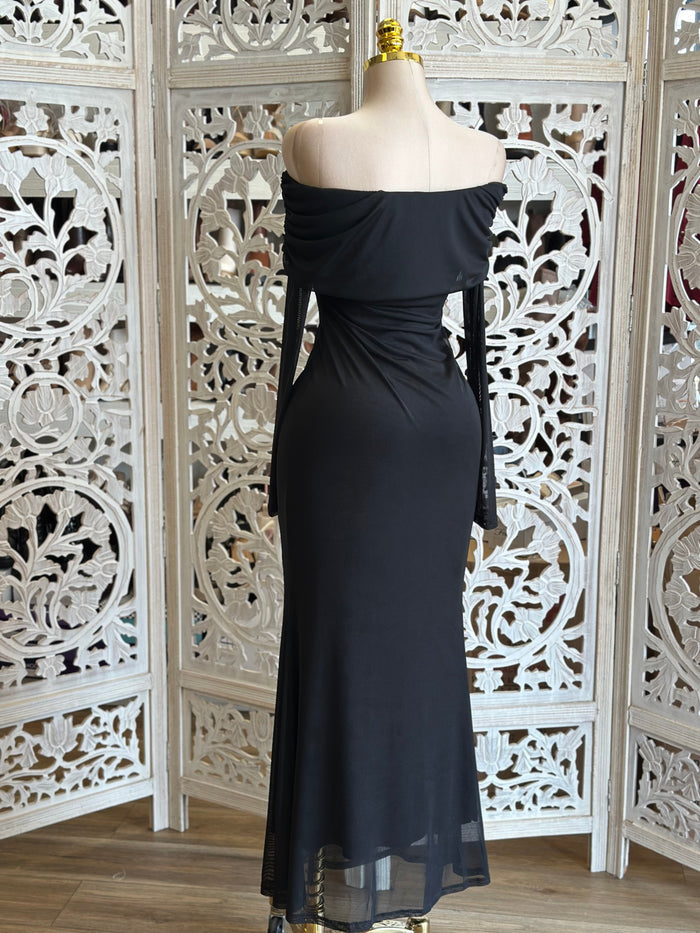 Black Off Shoulder Midi Dress- Stretchy, Estira