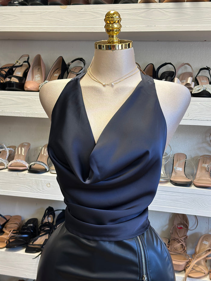 Black Satin Halter Blouse- No Estira, Not Stretchy