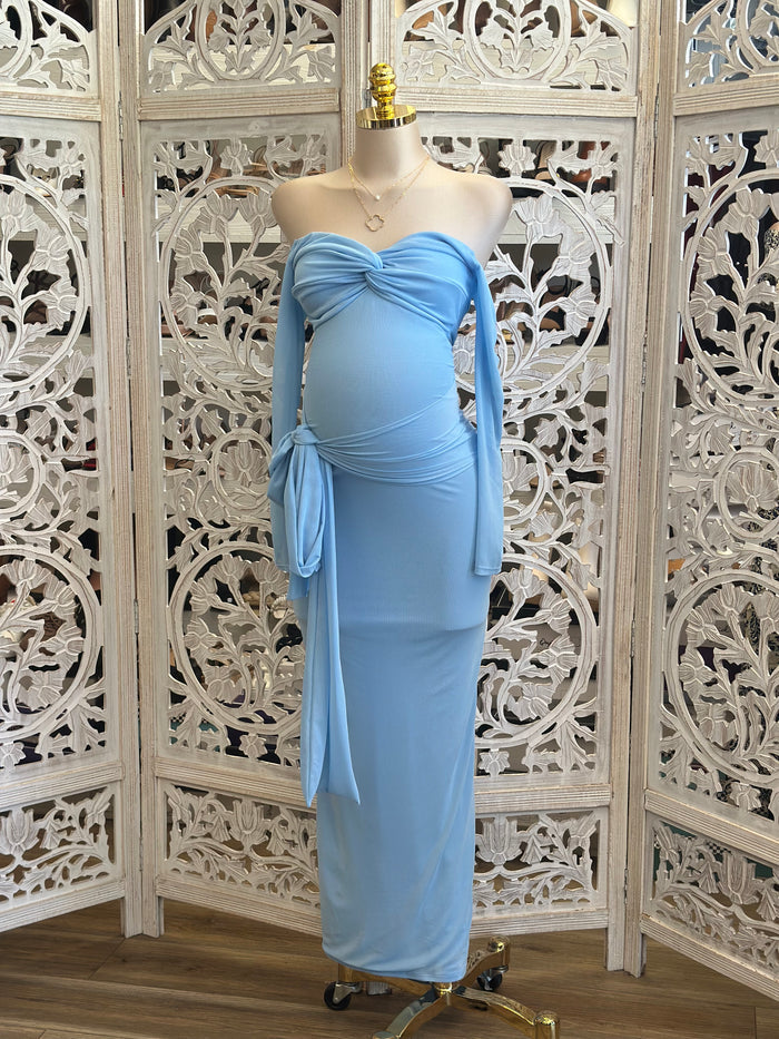 Blue Off Shoulder Knotted Dress - Estira, Stretchy