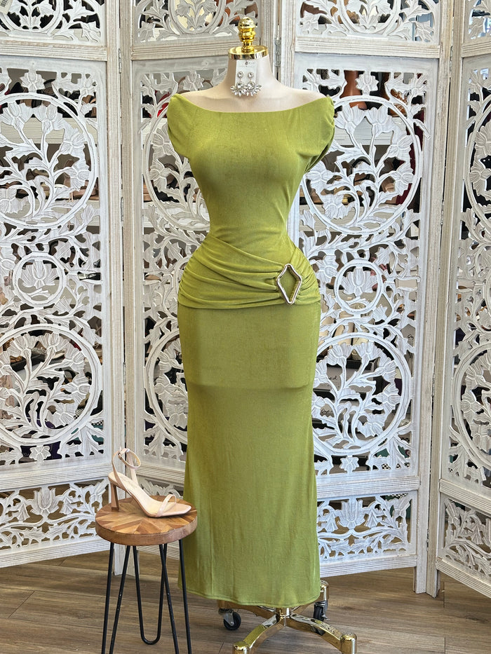 Boat Neck Pistachio Midi Dress-Stretchy, Estira