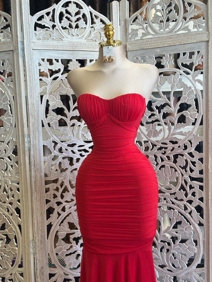 Bold Red Mermaid Strapless Gown -Estira, Stretchy