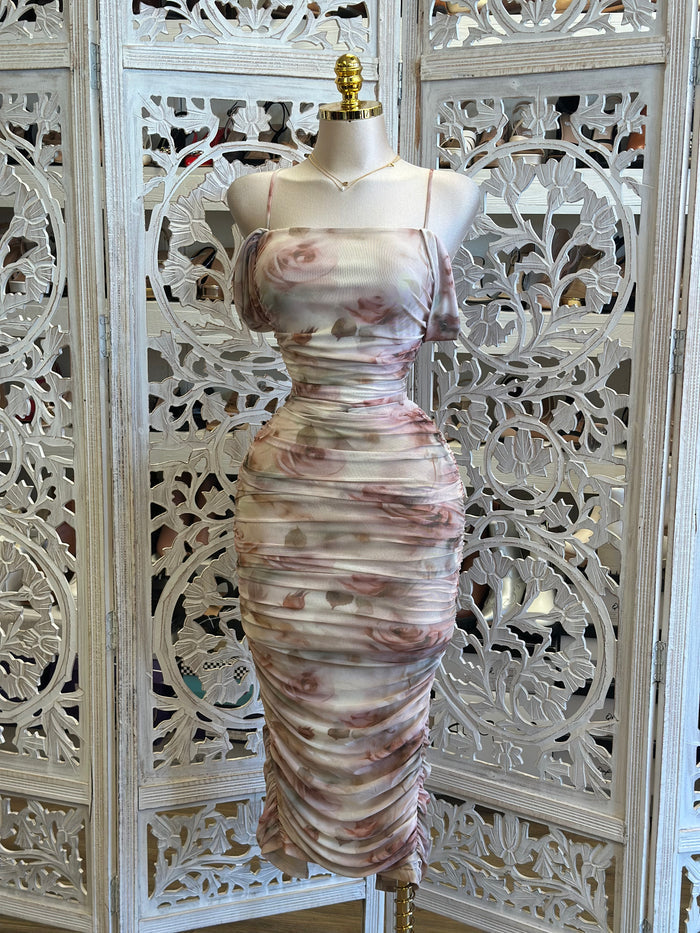 Brushed Floral Ruched Dress- Stretchy, Estira
