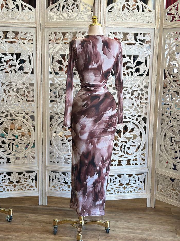 Brushed Pattern Brown Mesh Ruched Dress- Stretchy,Estira