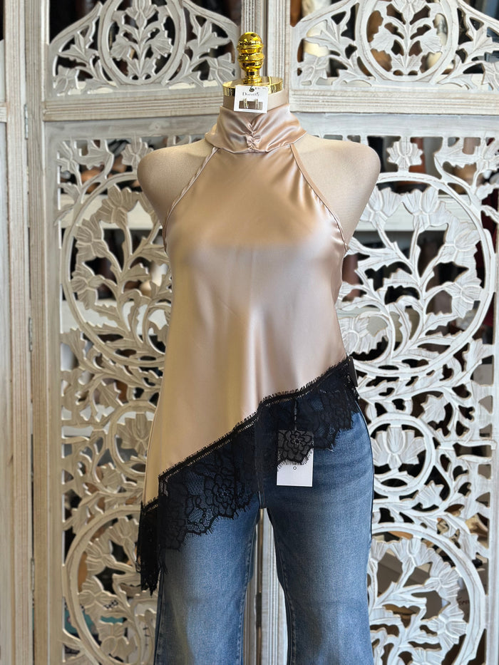 Champagne Silk High Low Lace Blouse- Estira, Stretchy