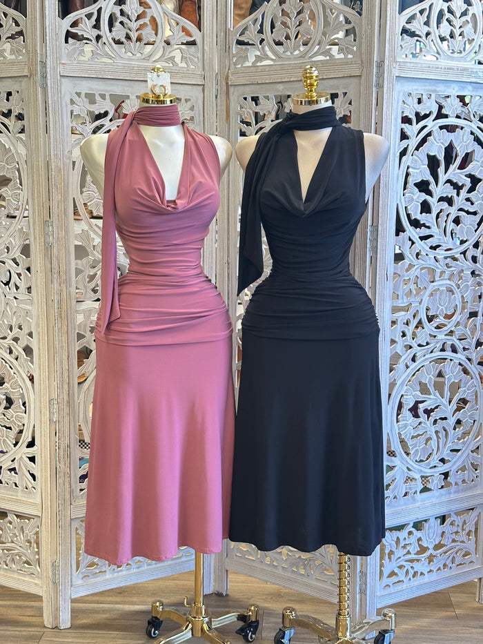 Cowl Neck Evening Dress- Estira, Stretchy