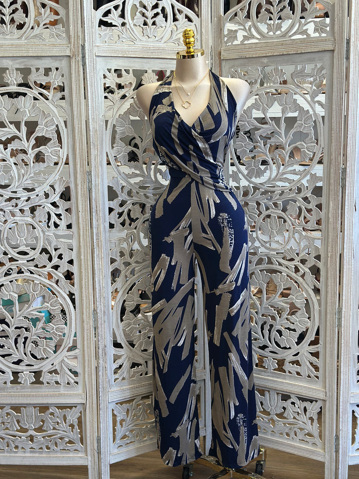 Deep Blue Pattern Jumpsuit - Stretchy,Estira