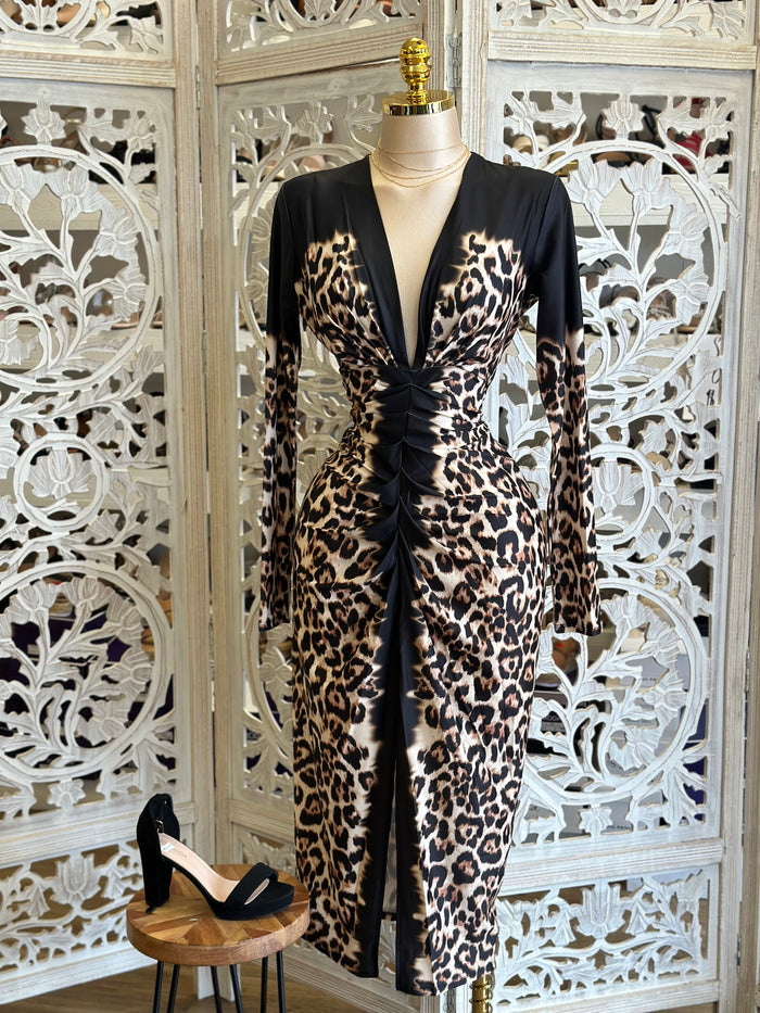Deep V Leopard Print Dress - Estira, Stretchy