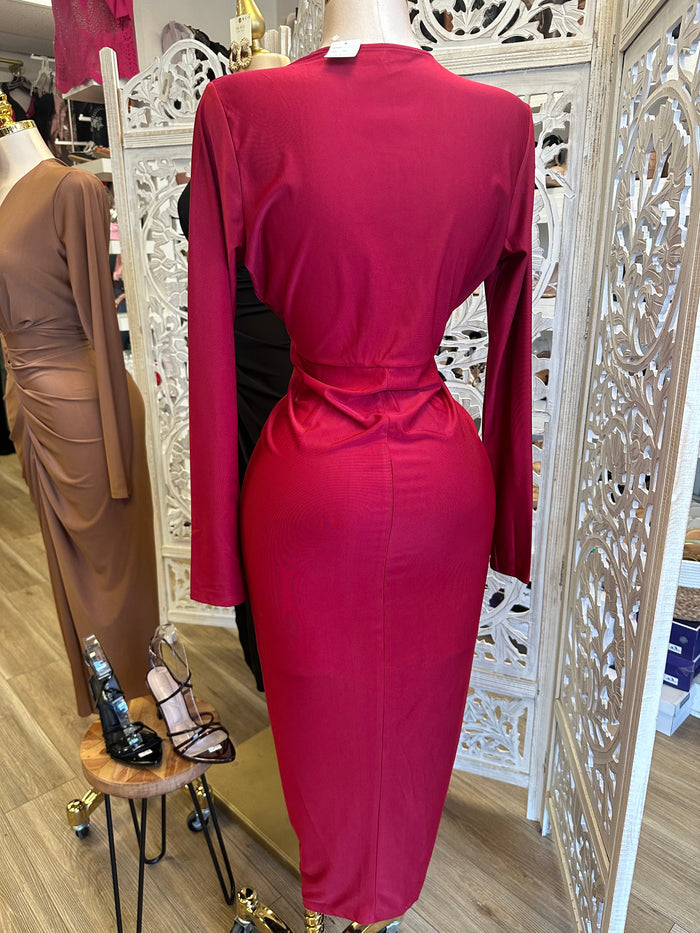 Deep V Ruched Long Sleeve Dress- Stretchy