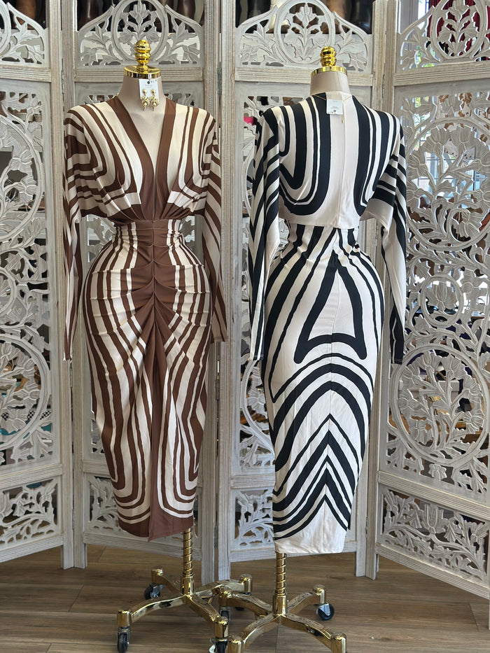 Deep V Striped Ruched Dress- Stretchy,Estira