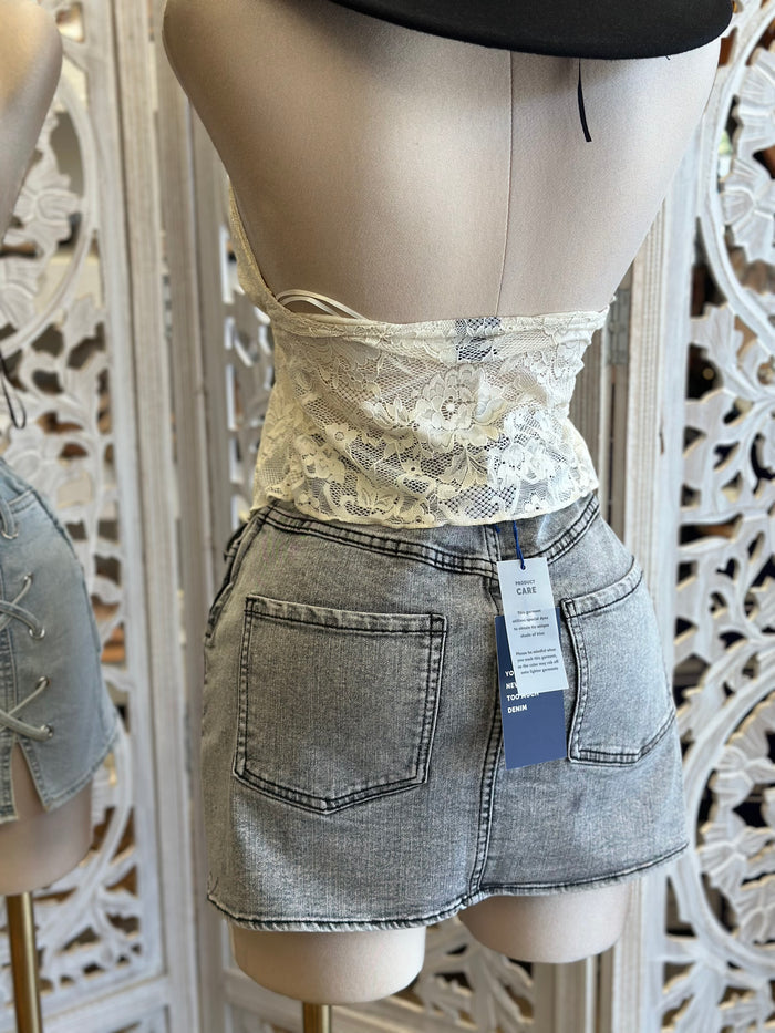 Denim Criss Cross Mini Skirt- Slightly Stretchy , Estira Poco