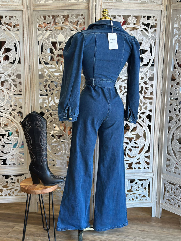 Denim Gold Button Up Jumpsuit - Stretchy,Estira poco