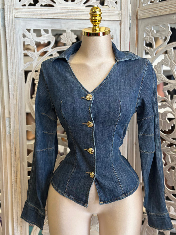 Denim Gold Rose Button Top- Estira, Stretchy