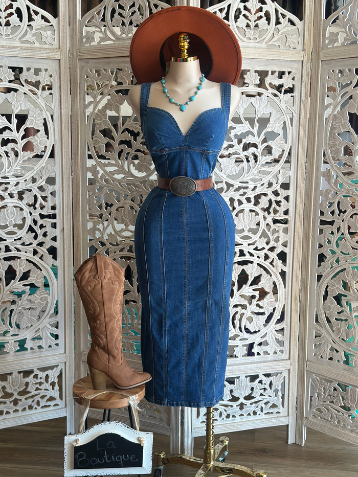 Denim Heartline Midi Dress- Stretchy,Estira