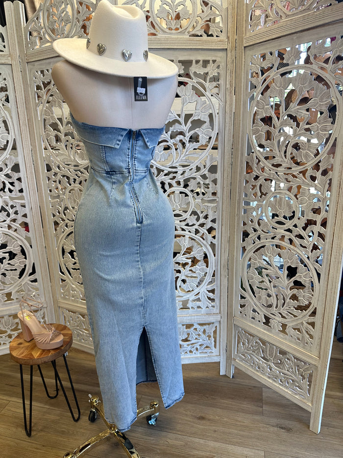 Denim Midi Strapless Folded Dress -No estira