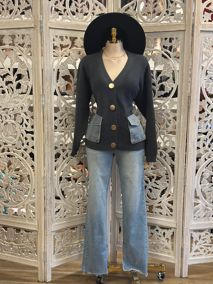 Denim Patchwork Gold Button Up Cardigan