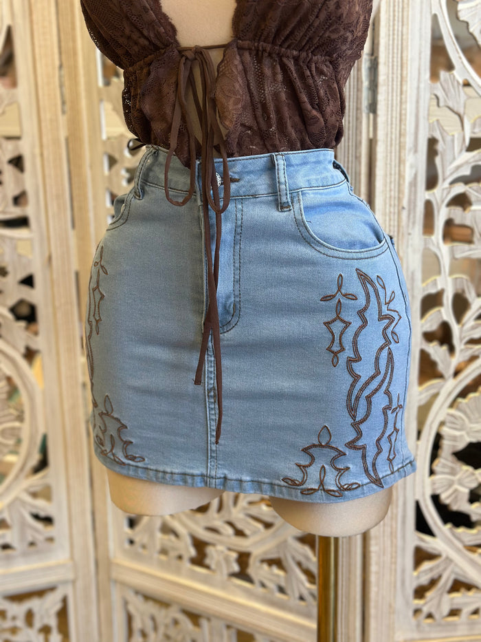 Denim Western Embroidered Mini Skirt- Stretchy , Estira
