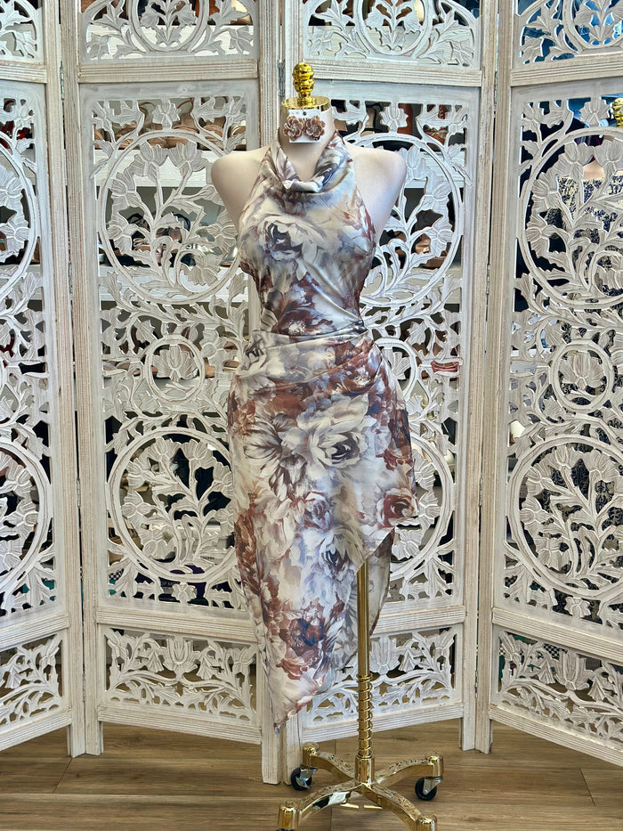 Draped Multi Floral Mini Dress - no Estira, no Stretchy