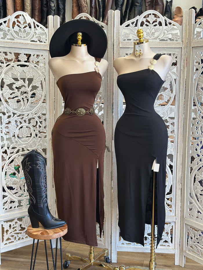 Gold Chain Strap Slit Dress - Estira, Stretchy