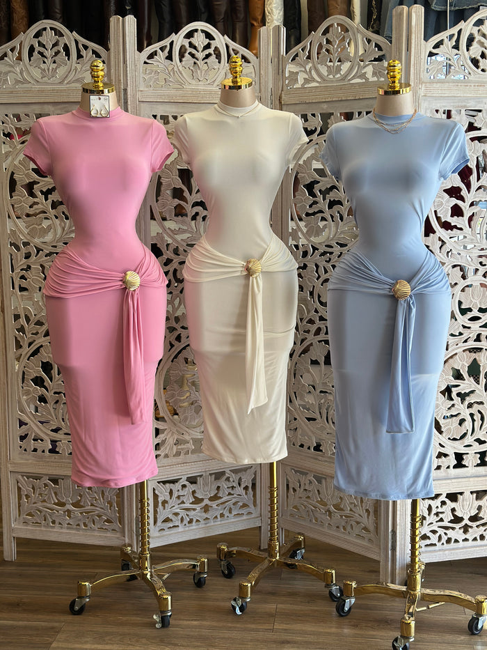 Gold Shell Knotted Midi Dress- Stretchy,Estira