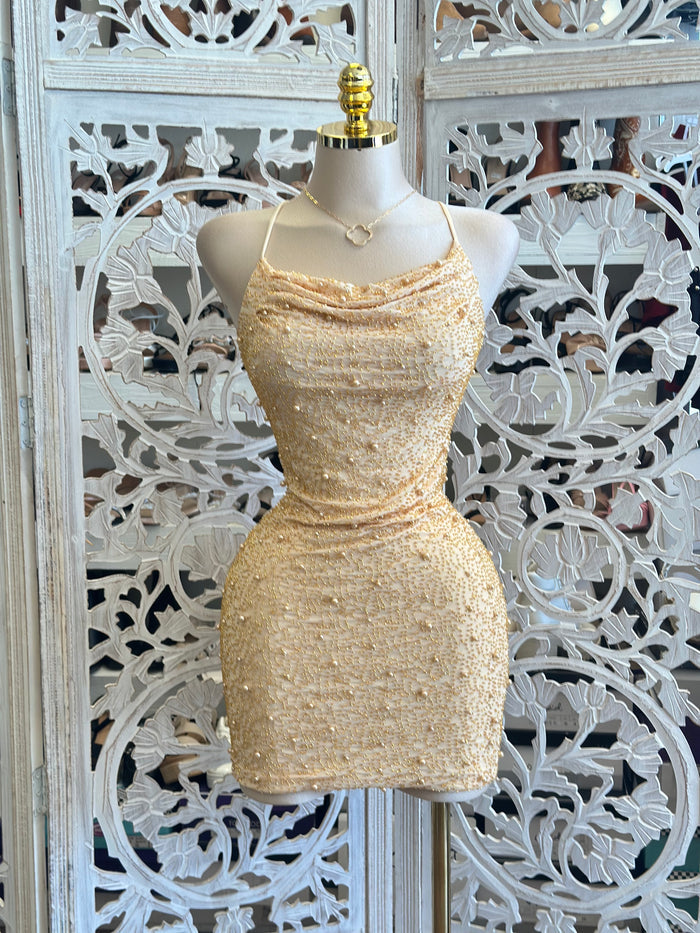 Golden Embellished Mini Dress- Stretchy, Estira