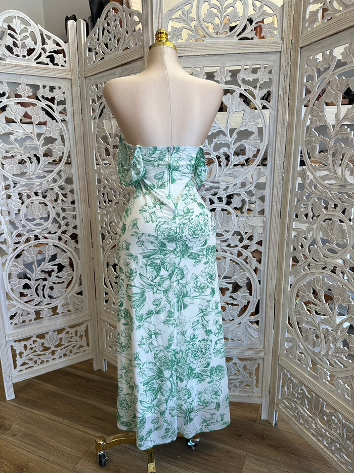 Green Floral Keyhole Cutout Midi Dress- Stretchy, Estira