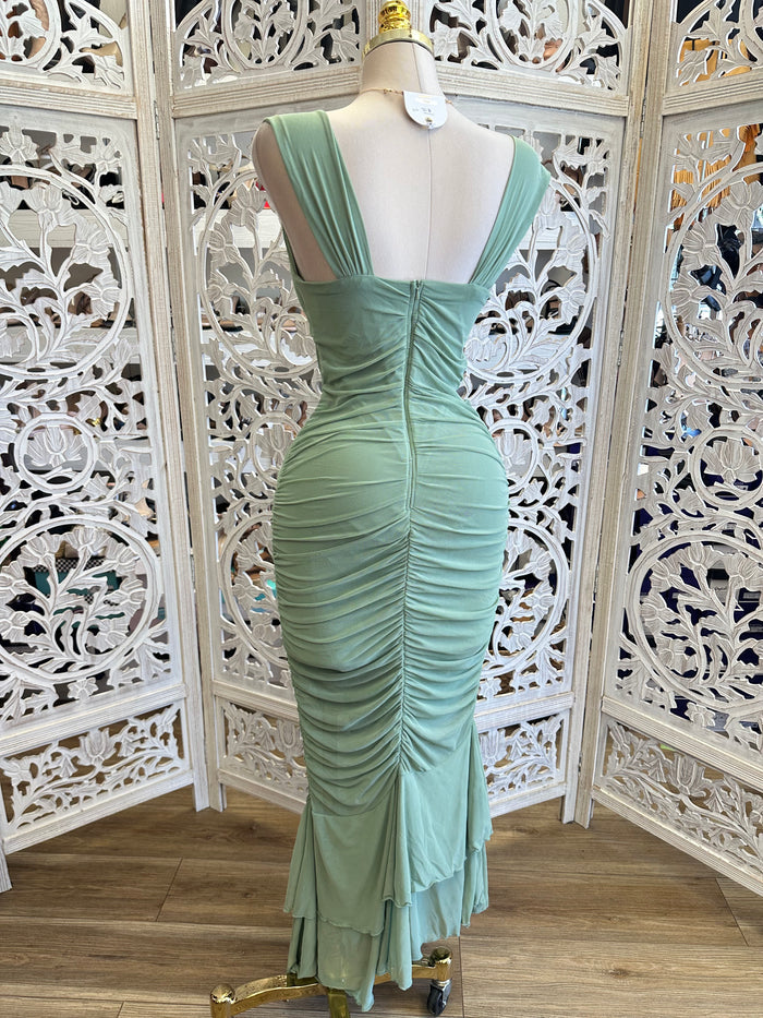 Green Ruched Cutout Midi Dress-Estira, Stretchy