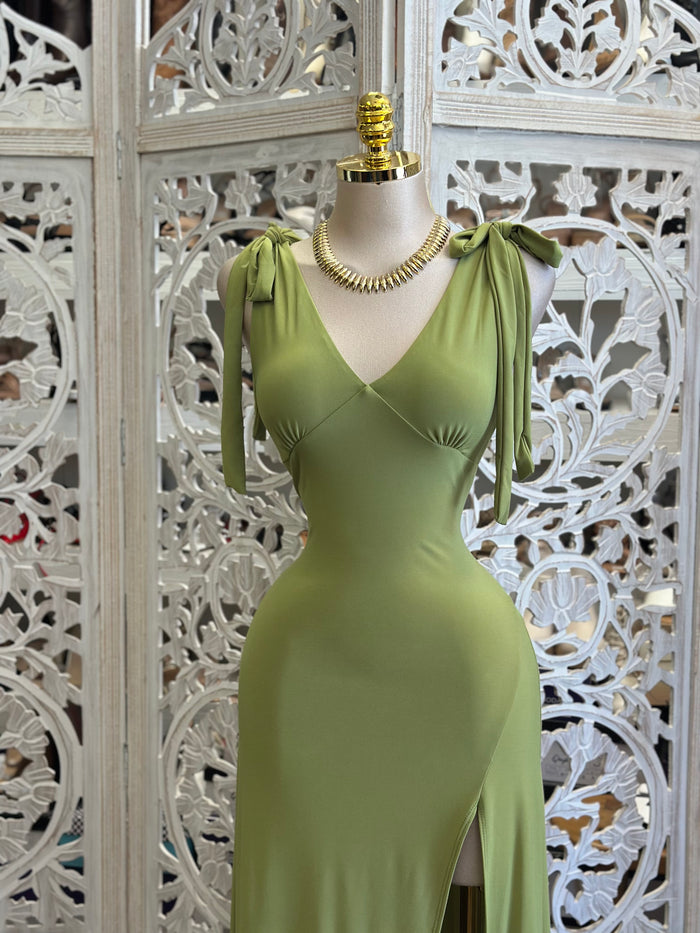 Green Scoop Ribbon Sleeve Dress- Estira, Stretchy