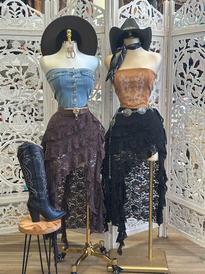 High Low Lace Midi Skirt- Estira , Stretchy