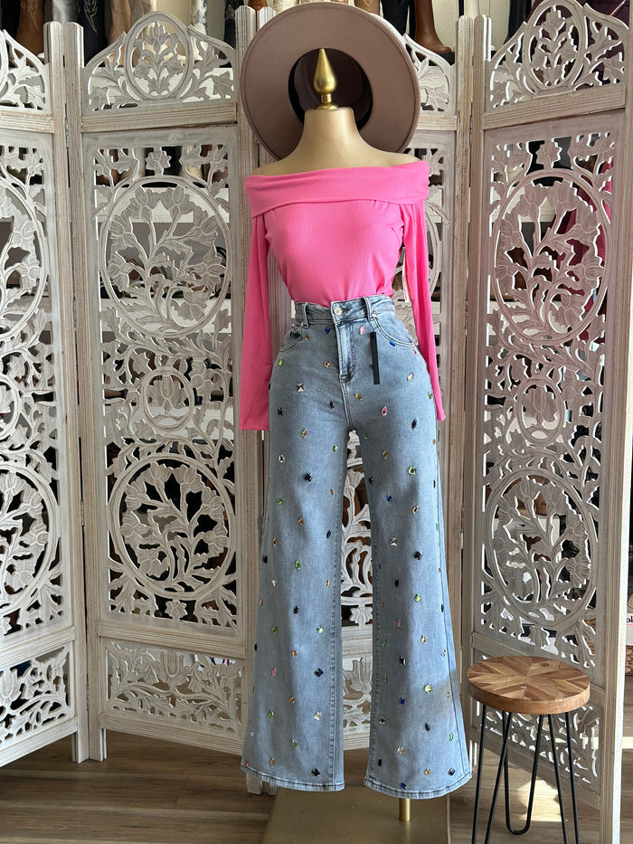 High Rise Wide Leg Rhinestone Jeans- Super Stretchy
