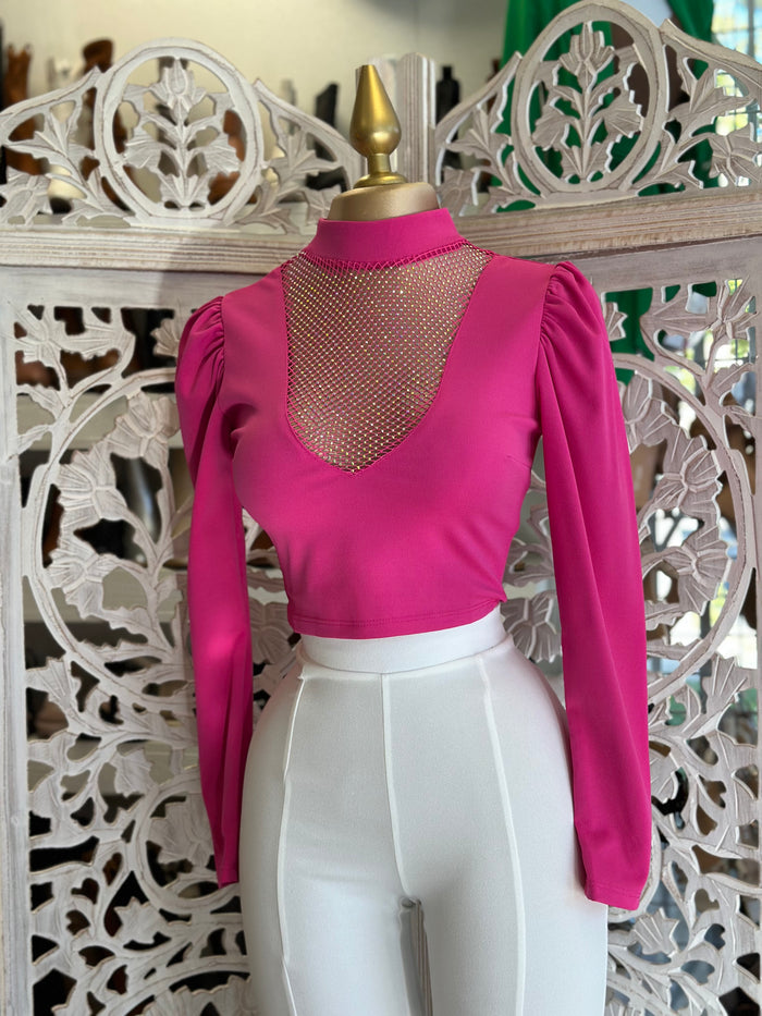 Hot Pink Rhinestone Scoop Blouse