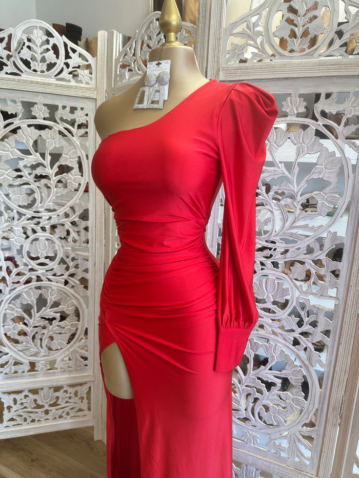 Red Puff Sleeve Formal Dress