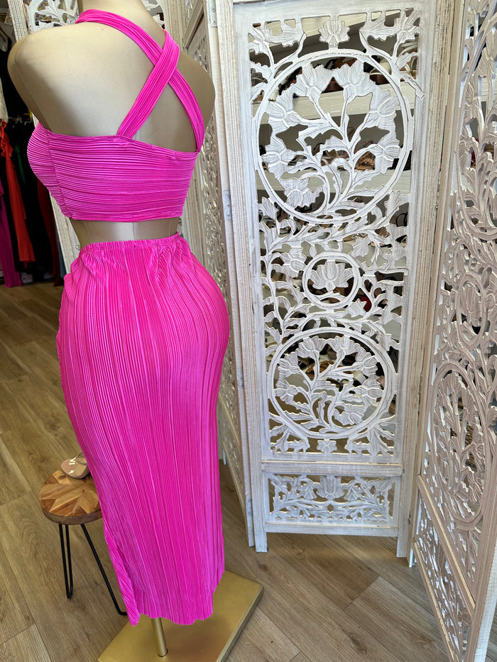 Hot Pink Crossfront Pleated Set