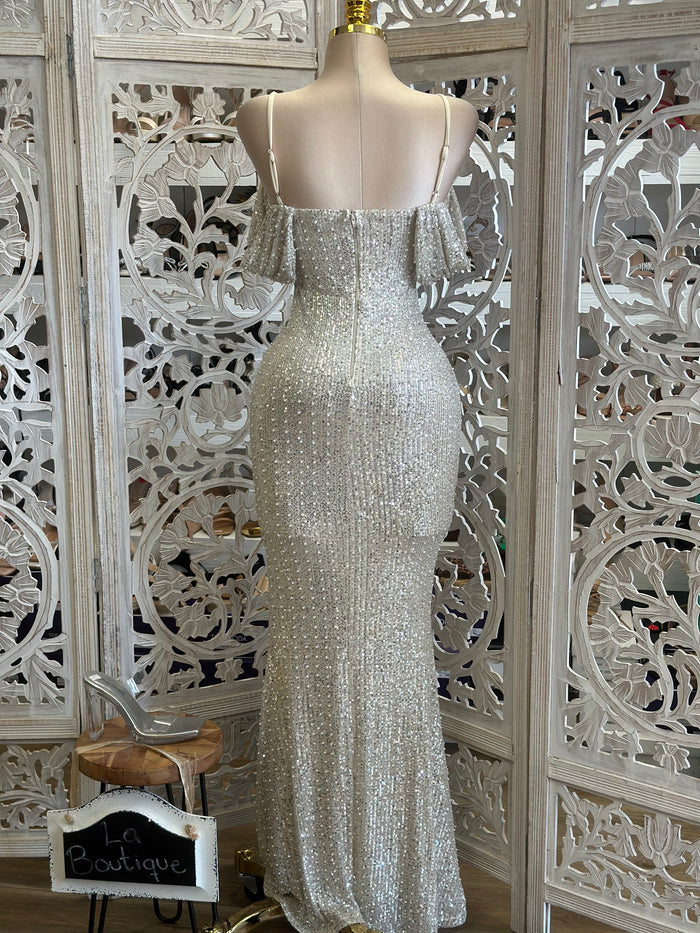 Ivory Sequin and Pearl Detail Formal Dress- Stretchy,Estira