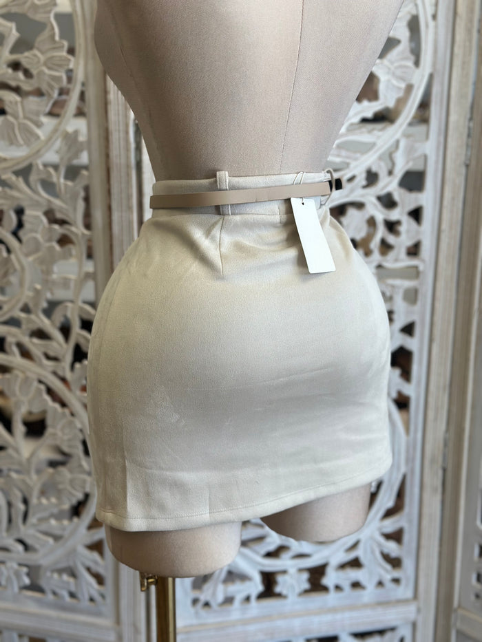 Ivory Suede Double Slit Mini Skirt- Stretchy , Estira