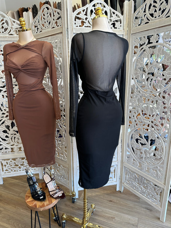 Knotted Long Sleeve Mesh Midi Dress - Estira, Stretchy