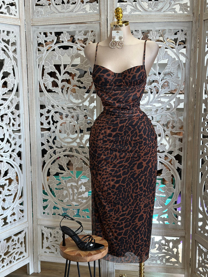 Leopard Print Cami Midi Dress- Stretchy,Estira