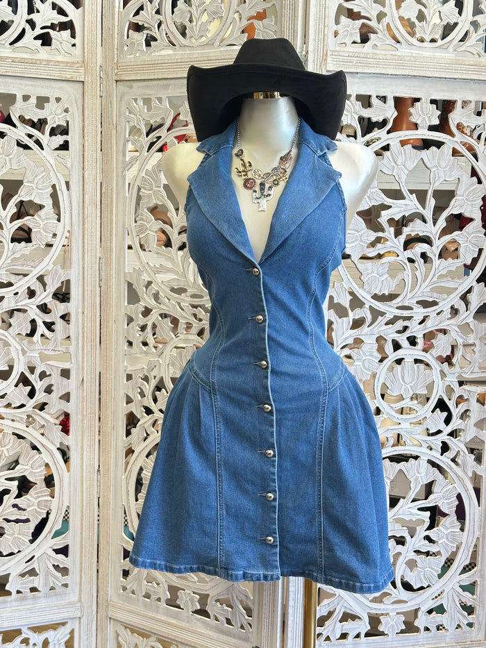 Medium Gold Button Up Mini Dress-Slightly Stretchy, Estira Poco
