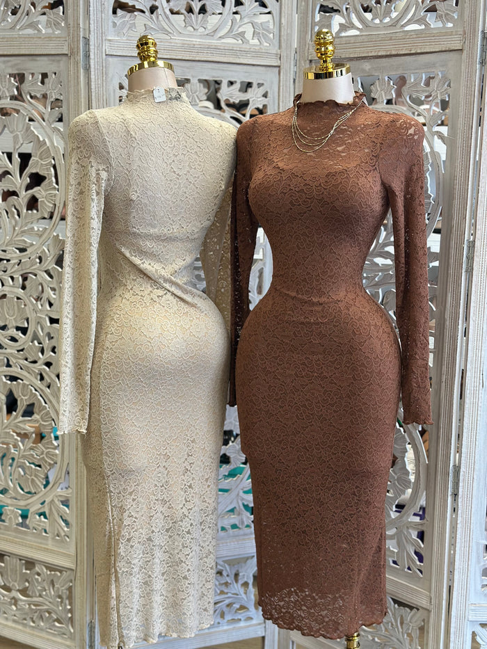 Mock Neck Lace Maxi Dress- Stretchy,Estira
