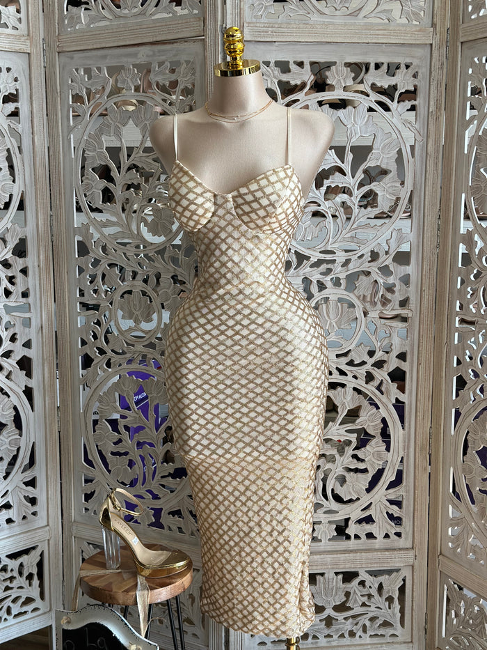 Netted Gold Design Cami Dress- Stretchy,Estira