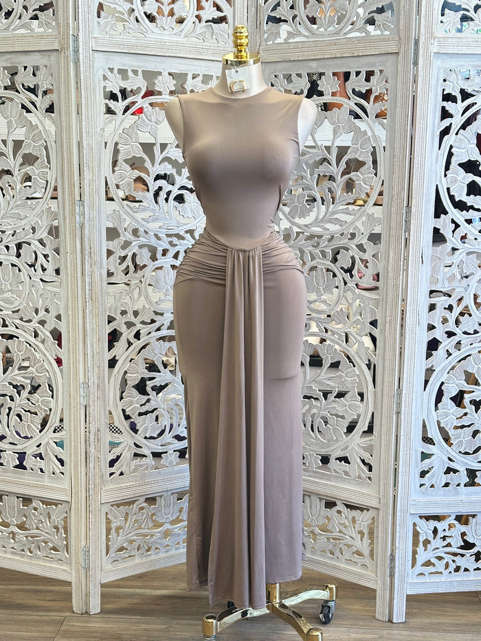 Neutral Midi Dress- Estira, Stretchy