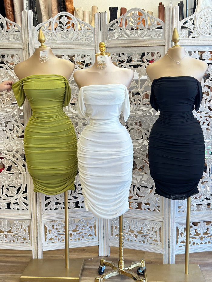 Off Shoulder Ruched Midi Dress - Estira, Stretchy