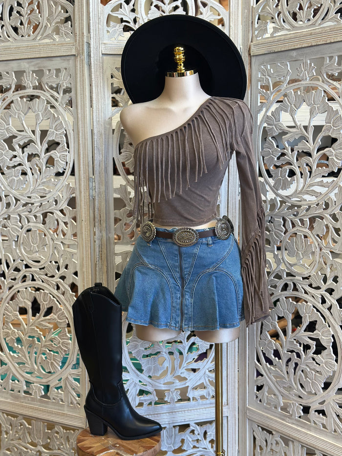 One Sleeve Brown Wash Fringe Blouse - Estira, Stretchy