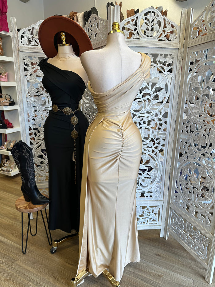 One Sleeve Draped Formal Dress- Stretchy,Estira