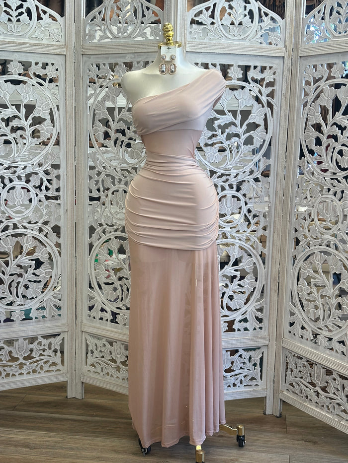 Pale Pink One Sleeve Dress - Estira, Stretchy