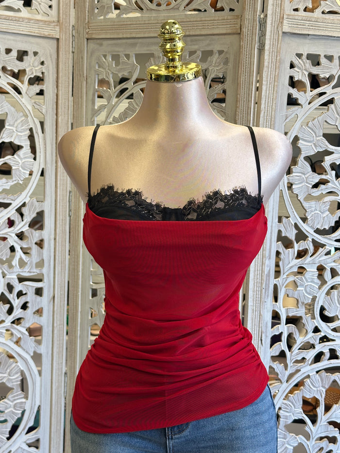 Peek Lace Red Top- Estira , Stretchy